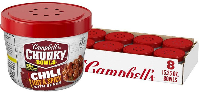 Campbell's 청키 칠리 핫 앤 스파이시 위드 빈 432.3g(15.5온스) 전자레인지 사용 가능한 그릇 (8팩) 165431, Campbell's 청키 칠리, 핫 앤 스파이시 위드, 1개, 432.3g