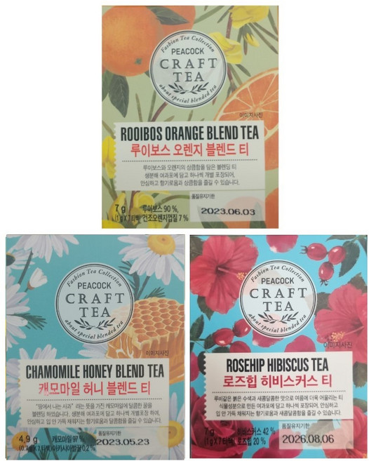 피코크 로즈힙 히비스커스티 7g(7티백)+캐모마일 허니블렌드티 4.9g(7티백)+루이보스 오렌지블렌드티 7g(7티백) 각 1개씩, 1개