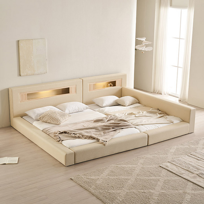 삼익가구 포레티 편백나무 LED조명 가죽 패밀리 침대 SS Q K, 아이보리_밸런스형_매트제외
