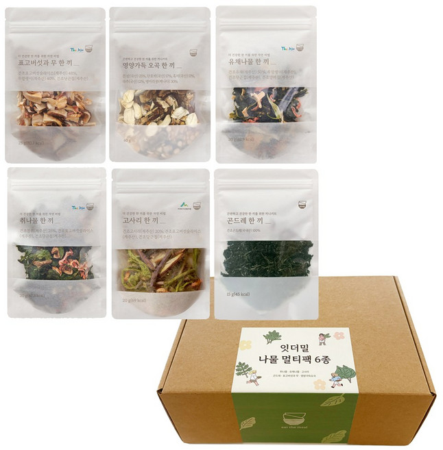 잇더밀 국내산 나물 멀티팩 6종 비빔밥 솥밥용 밥솥에 부어만주세요. (곤드레 유채나물 취나물 표고버섯무 영양오곡 고사리나물), 1세트, 162g