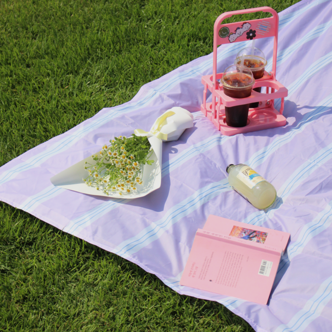 솜솜라이크 여행용 경량 피크닉매트 미니 방수 돗자리, 스트라이프 블루베리