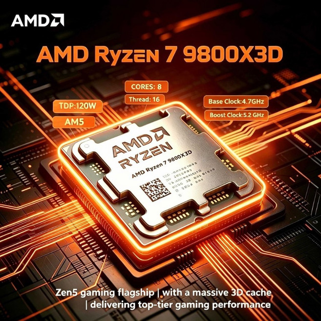 AMD 라이젠 120W 16스레드 게이밍 데스크탑 프로세서 2GHZ 캐시 7GHZ CPU 8코어 9800X3D DDR5 3D ZEN5 104MB 4NM AM5