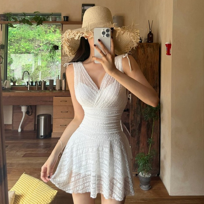 떳다그녀 올비아 시스루 레이스 리본스트랩 원피스수영복 미니원피스 커버업 하이웨스트 원피스모노키니, 화이트