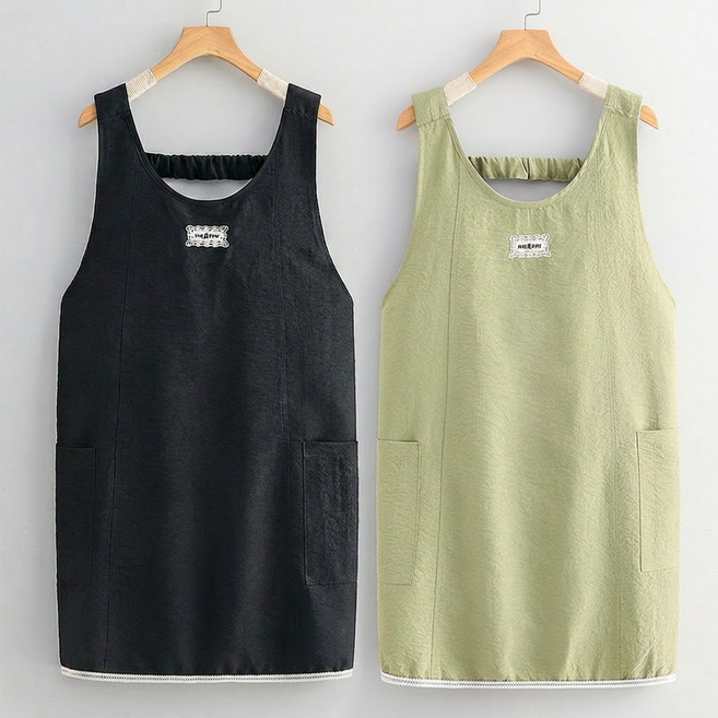 LINSHU 부드러움 통기성 앞치마 오염 방지 어깨끈 타입, 1세트, 블랙+그린