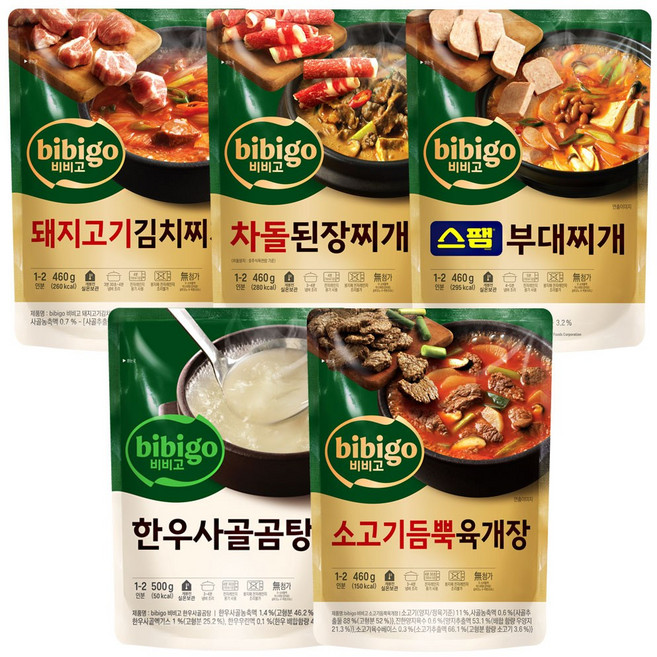 비비고 프리미엄 국탕찌개 5종 (돼지고기김치찌개+차돌된장찌개+스팸부대찌개+육개장+한우사골곰탕, 1개