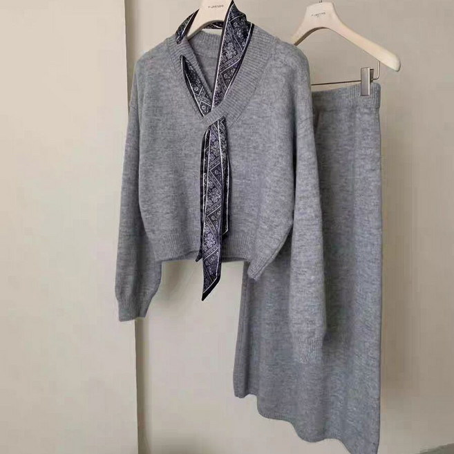 여성 부들부들 스카프 숏니트 상하세트 루즈핏 우아한 롱 니트 스커트 투피스 하객룩