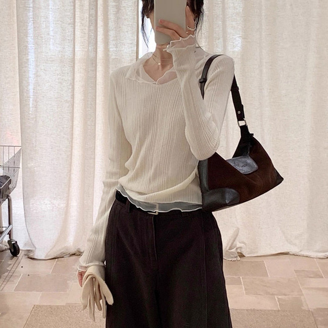 슬림소녀 여성 봄가을 슬림 긴팔 티셔츠 망사 시스루 심플 스타일 패션 상의