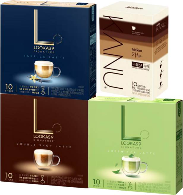 홈카페 미용실 손님커피 라떼스틱 4종 세트(루카스나인 더블샷10T + 바닐라10T + 그린티10T + 카누 더블샷10T)), 1세트, 더블샷10T+그린티10T+바닐라10T+카누더블샷10T