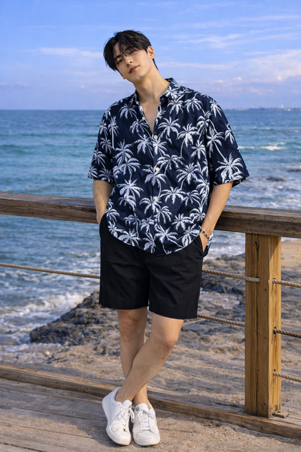 오버핏 남녀공용 커플 하와이안 반팔셔츠