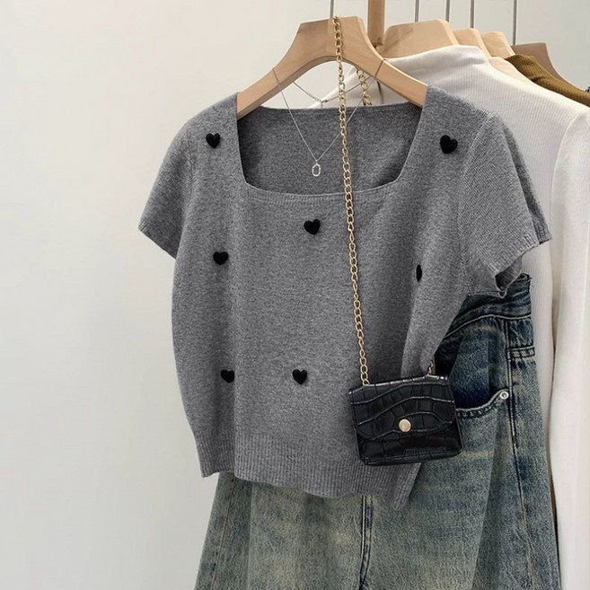 미중 여성 여름 뉴 예쁜 입체 하트 스퀘어넥 니트 쇼트 무지 반팔 cy