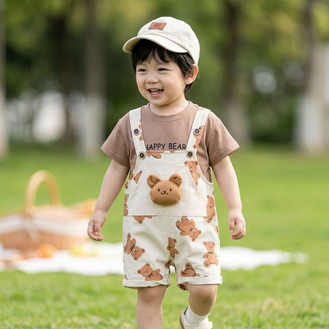 몽실이 베어프린트 반팔 멜빵세트 여름 상하복 외출복 유아