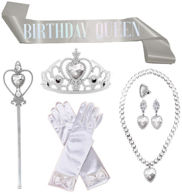 생일 파티 용품 티아라 + 어깨띠 + 액세서리 요술봉 코스튬 세트, 화이트 공주세트