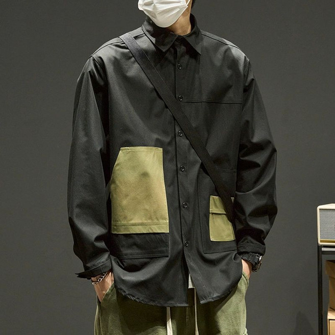 【日系復古潮】工裝襯衫 男裝襯衫 長袖襯衫 春秋外套 寬鬆上衣 潮流男裝 復古做舊 多口袋設計 春秋季通勤休閒穿搭
