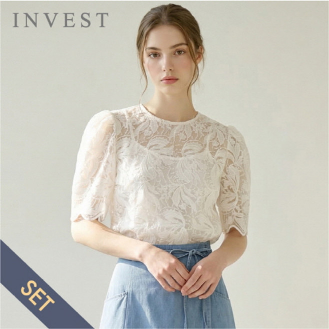 페미닌 레이스 볼륨 블라우스+나시 세트_INI6M1BL5441