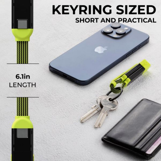 롤링 스퀘어 인체지 XL 포켓 - 6-in-1 휴대용 범용 충전 케이블 USB-C 라이트닝 USB-A 및 Micro USB 100W 초고속 0.5피트/15cm 블랙/라임 USA