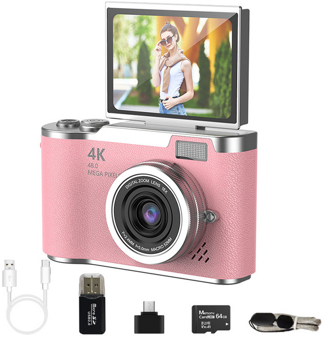 해브유 180도 회전 화면 여행용 소형 디카 휴대용 빈티지 디지털 카메라, 핑크
