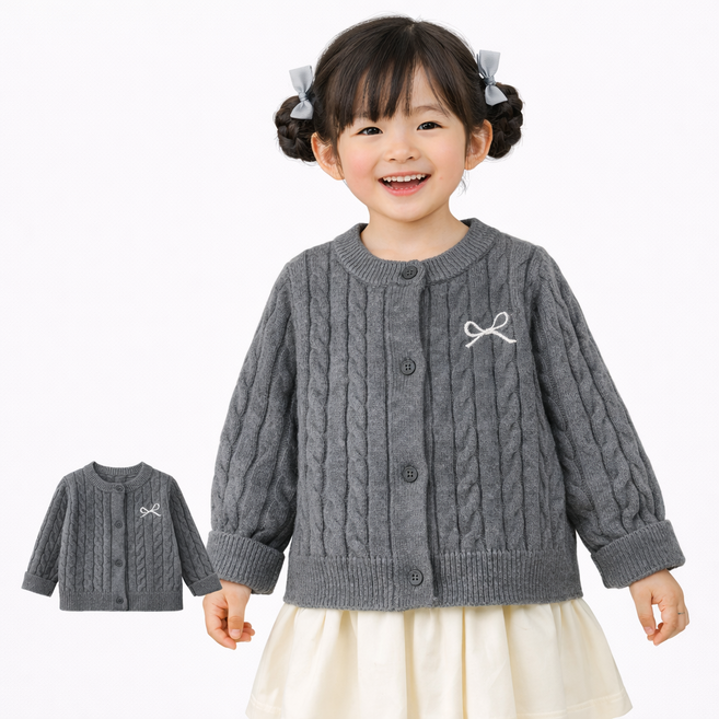 여아 니트 가디건 아동 꽈배기 케이블 리본자수 카디건 봄가을 데일리룩 리본자수꽈배기가디건
