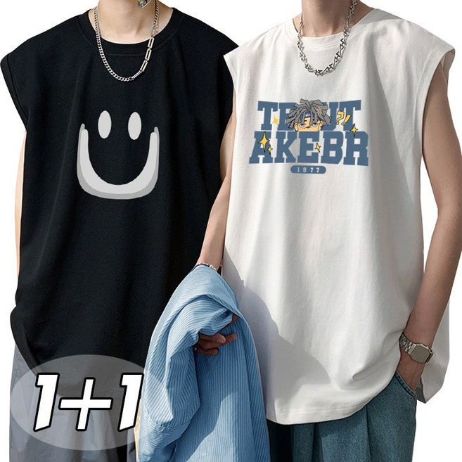 [1+1]별하늘 남성용 나시 오버핏 라운드 순면의 여름 티셔츠