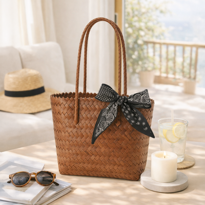 차르미콜 라탄 스타일 위빙 토트백 스카프 2종 세트 여성 여름 데일리 숄더백 비치백