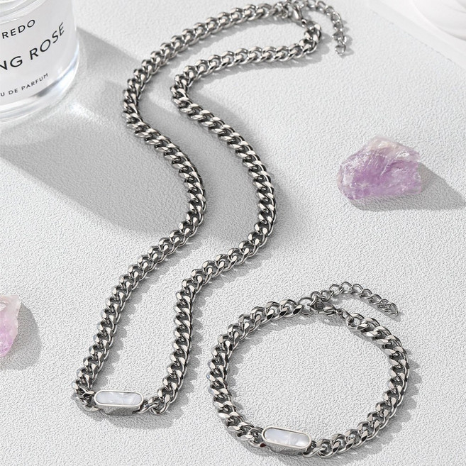 오누이디스플레이 남성용 변색없는 티타늄 자개 체인팔찌 목걸이세트 W1