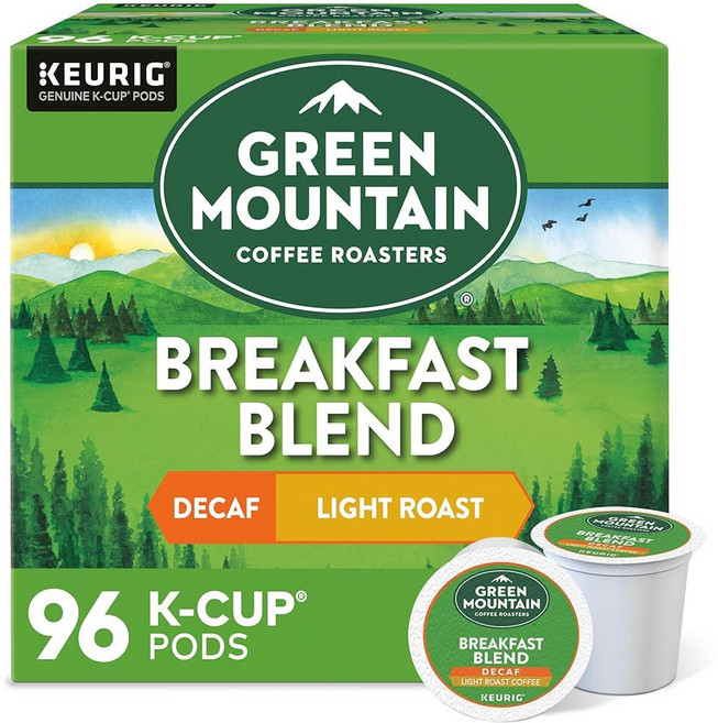 Green Mountain Coffee Roasters Breakfast Blend 디카페인 1인용 큐리그 K컵 포드 라이트 로스트 96개 캡슐 24개 4박스