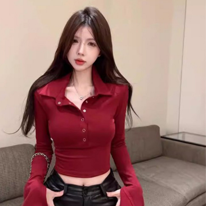 넬로넬리 타이트한 숏 폴로넥 나팔소매 섹시한 긴팔 티셔츠