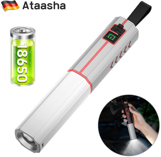 Ataasha led 충전식 손전등 줌 초강력 후레쉬 캠핑랜턴 고휘도 강한 지속력, 1개, 그레이