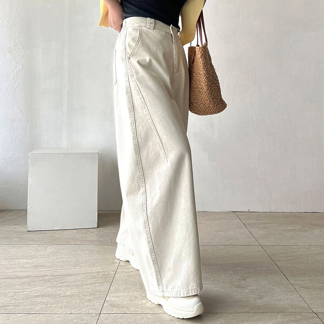 네모엔룩 미들핀턱와이드 여성용 입체 볼륨 핀턱 루즈핏 워시드 라이트컬러 코튼데님 뒷밴딩 와이드 면 데님 팬츠