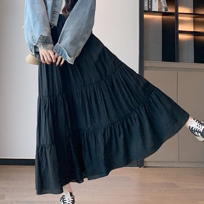 DANGZ 여성 롱 스커트 밴딩 셔링 롱 플레어 캉캉 스커트