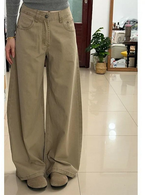 DFMEI 復古水洗卡其色廓形闊腿牛仔褲女設計感高腰寬鬆顯瘦百搭休閒長褲