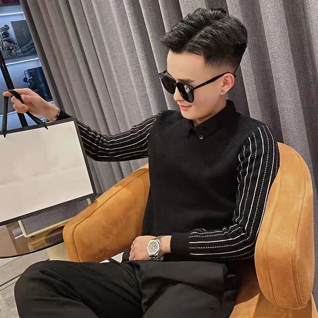 미중 남성 추동 뉴 칼라 투인원 스웨터 스트라이프 니트 바탕 긴팔 yy