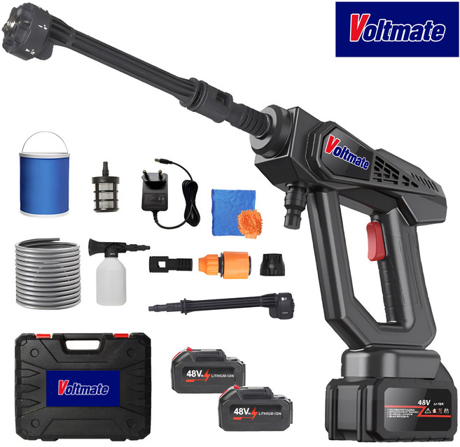 VoltMate 무선 고압세척기 고압세차기 휴대용 세차기 6in1 다기능 4000mAh 듀얼 배터리 5m 호스 접이식 물통 등 세트 포함, 블랙, 8107