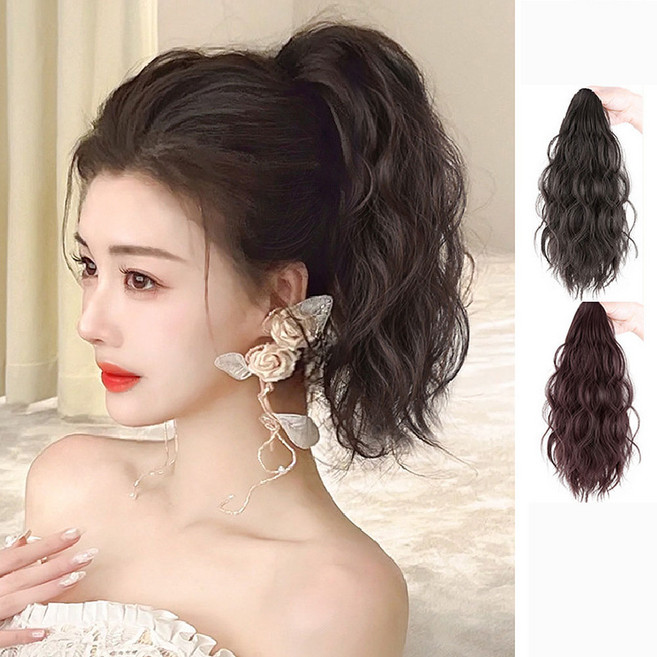 예삐스토어 웨이브 포니테일 가발 집게 핀 묶음 머리 긴 붙임 여성 패션, 1세트, 내추럴브라운+다크브라운