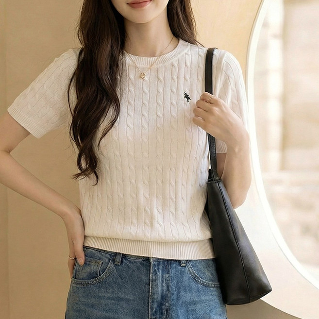 SOSISI 여성 라운드 베이직 케이블 자수 여름 반팔 니트 탑 오버 46121