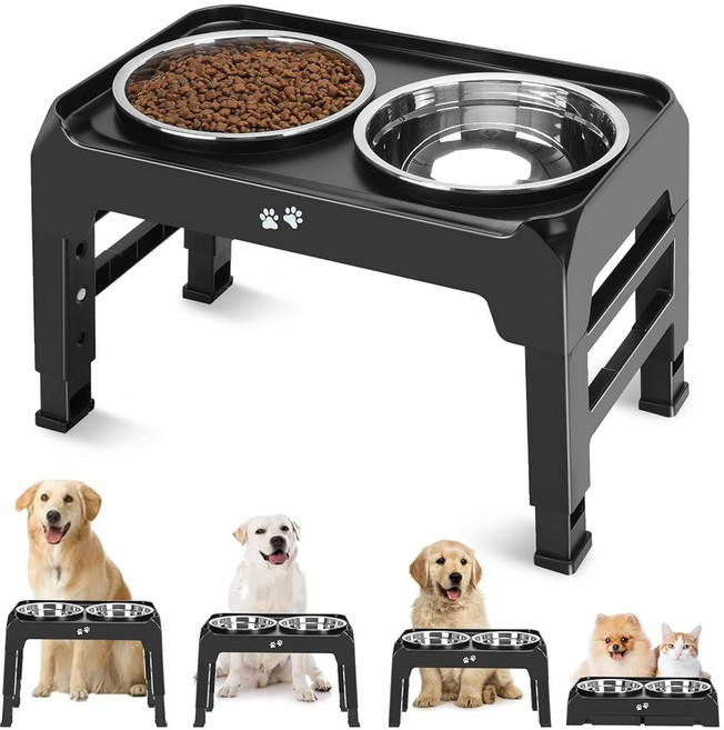 COMESOON Elevated Dog Bowls 4 Height Adjustable Raised Bowl Stand with 2 Thick 50oz Stainless Steel, Black, 8" for Medium Dogs, 1개