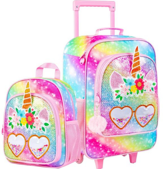 캐리어 여행용 수화물 기숙사 2PCS 키즈 여행가방 여아용 롤링 러기지 및 12인치 백팩 세트 유아용 유니콘 세퀸 핑크