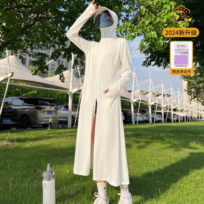 防曬衣女長款冰絲防紫外線海邊防曬服修身透氣薄外套夏日戶外遮陽罩衫 #原紗長袍大帽檐鏡片霜雲白 #均碼建議40到75kg體重, 均碼建議40到75kg體重