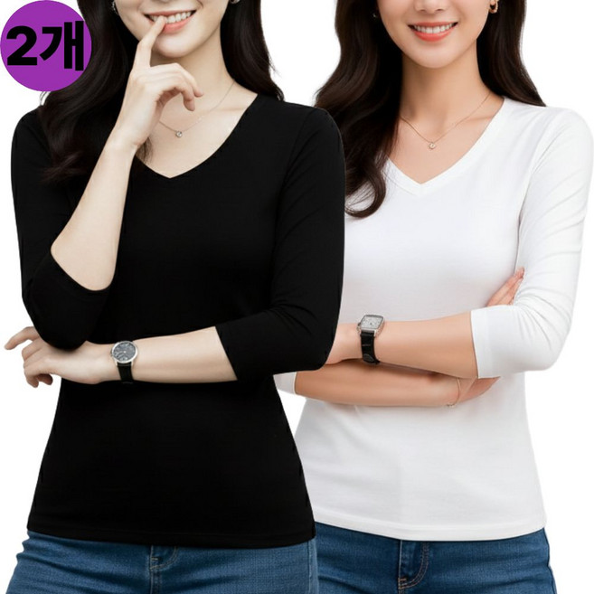 [빠른토끼] 1+1 여성 슬림 브이넥 긴팔 티셔츠 기본 이너 스판