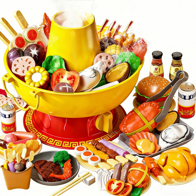 SUUNI 어린이 소꿉놀이 주방 샤브샤브 장난감 모조 음식 구이 요리 절절락 장난감, 1세트, 다색