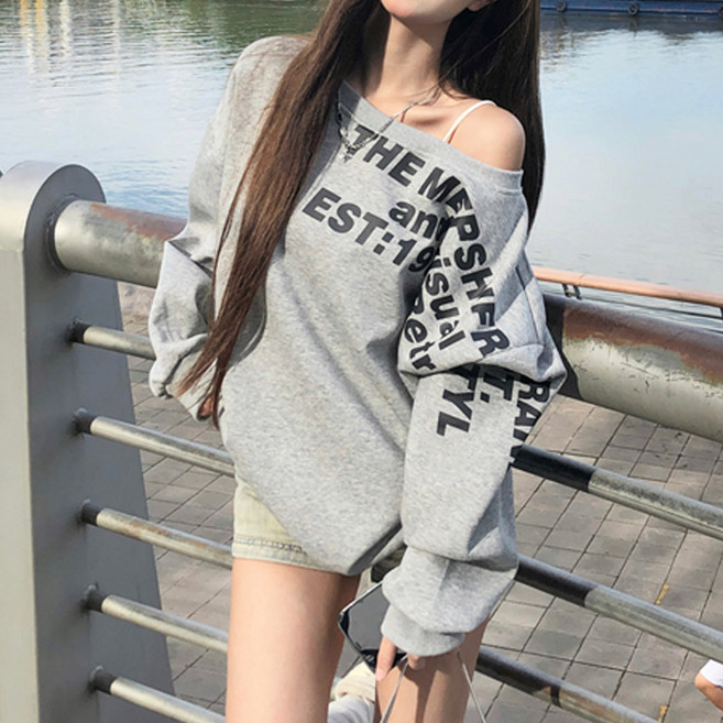 메이킹유 [예쁨주의/주문폭주] 가을겨울 원오프 오프숄더 레터링 프린팅 맨투맨 루즈핏 꾸안꾸 여친룩 청순룩 J25028그로즈맨투맨