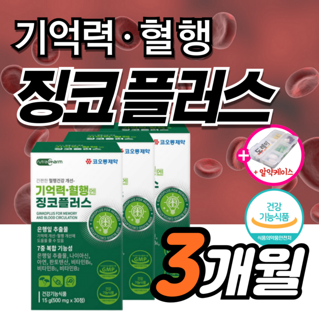 징코 플러스 기억력 혈행 개선 에 좋은 맥스 은행잎추출물 혈관 부모님 수험생 징코 50대 민 40대 선물 식약청 식약처 집중력 청소 여성 남성 뇌 빌로바 +도레미잡화점 약케이스, 3세트, 30회분