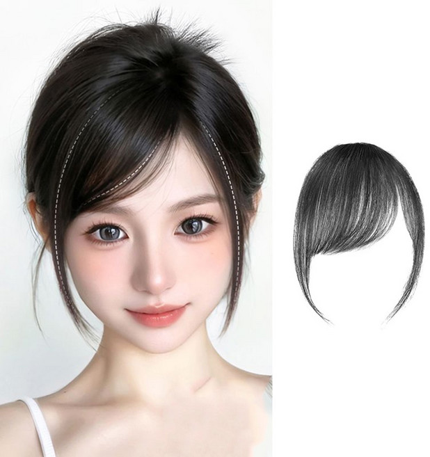미즈코스 C컬 가르마 앞머리 가발 옆머리 시스루 사이드 뱅, 블랙-왼쪽, 1개