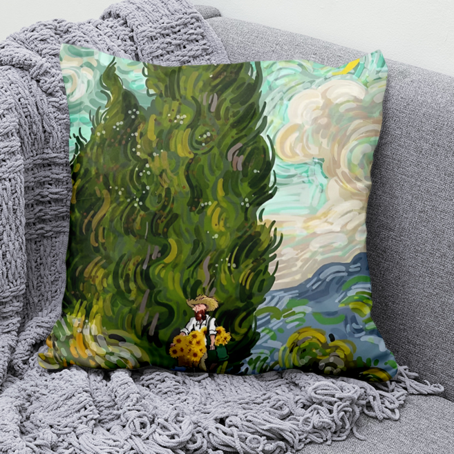 빈센트 반 고흐 별밤 일러스트 사각쿠션 양면소파쿠션 솜포함 영감 감성 예술 힐링 거실 사무실 침실 장식 세탁편리 방꾸미기 선물용 포근함 인테리어, 고흐풍의 명화-2, 40 x 40CM 솜포함 양면쿠션