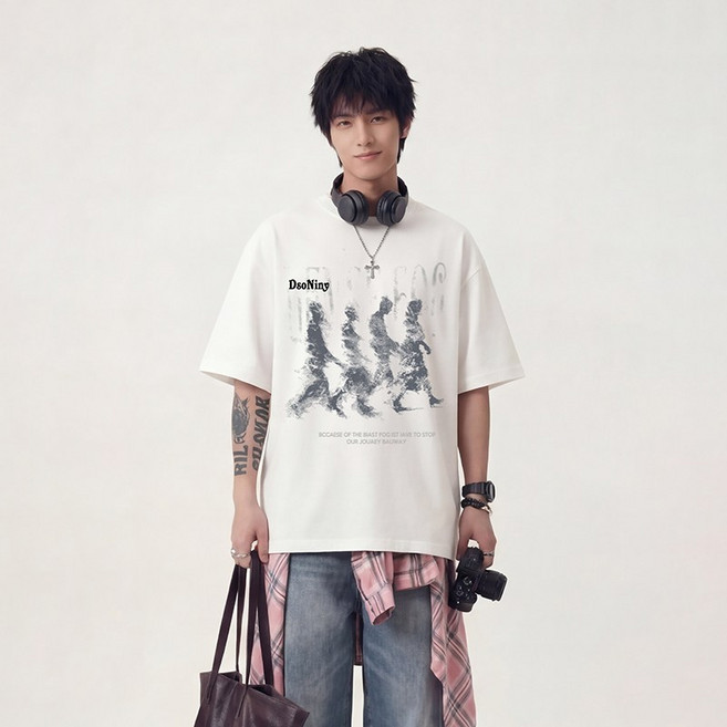 훌룰루 남성 프린팅 반팔티 오버핏 순면 박스티 T110