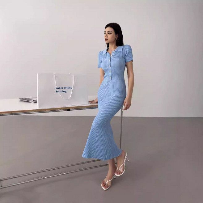 御姐風氣質魚尾針織連衣裙女秋夏長款polo修身通勤緊身短袖包臀裙