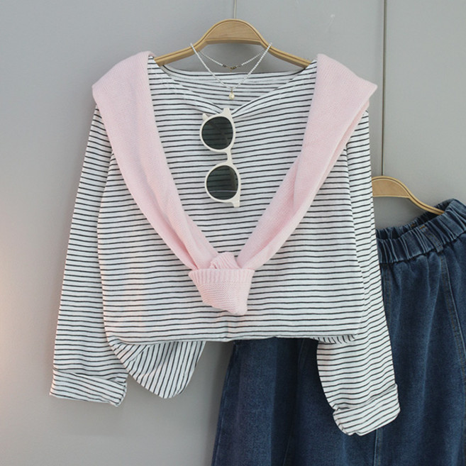 달콩 여성 봄신상 긴팔티 이너티 마린 입술넥 보트넥잔줄단가라긴팔티