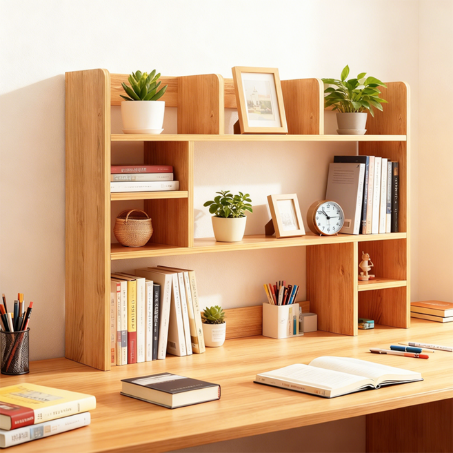 스탠드 책상 책꽂이 원목 가구 코너 책장 수납 선반 만화 책장 공간활용 3단 책장, 원목색