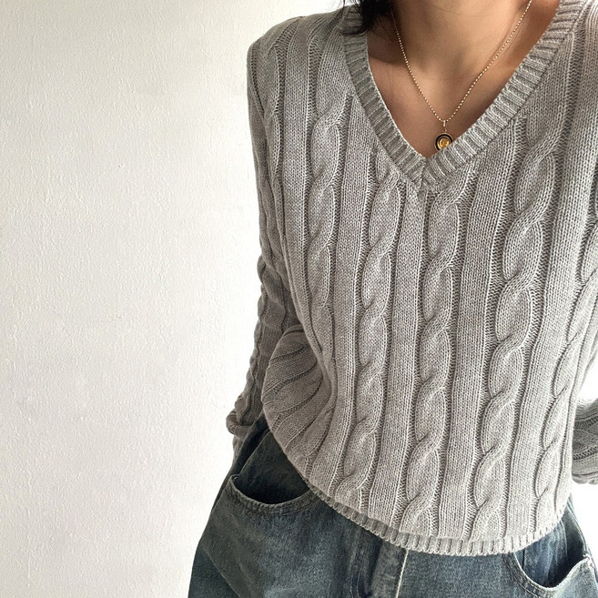 네모엔룩 브이넥케이블 여성용 클래식 스탠다드 꽈배기 짜임 코튼 면 브이넥 니트 스웨터