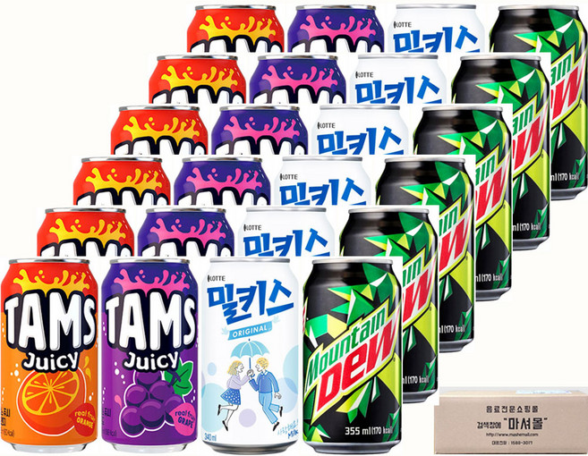 마셔몰 탄산음료 세트 탐스쥬시오렌지 포도 밀키스 마운틴듀 4가지맛 각 6캔씩, 48개, 340ml