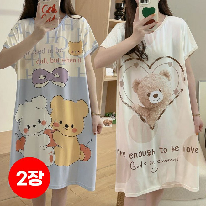 1+1스타일아유 여성용 빅사이즈 냉감 반팔 홈웨어 잠옷 캐릭터 프린트 루즈핏 수면원피스 OP2283